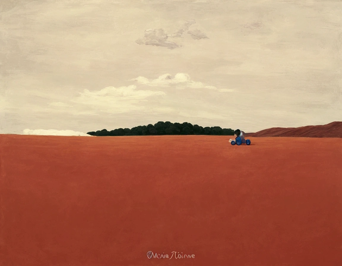 Little boy covers his ears with his hands，On a green meadow，There are some pink clouds floating in the blue sky,  Minimalism, author：Money．Tire．Salar Road