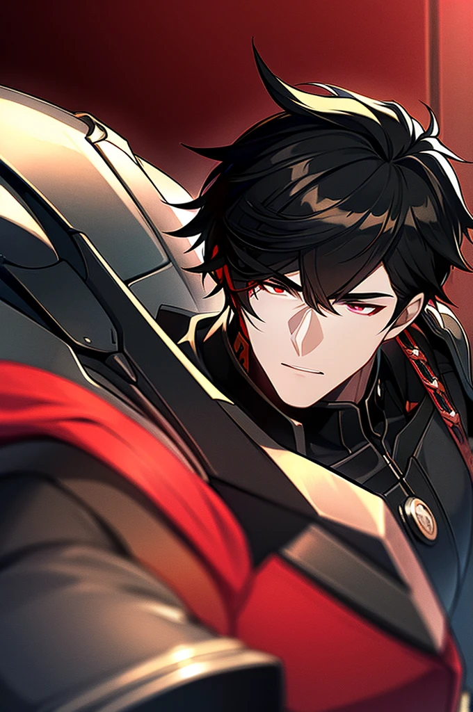 Man with black hair, dark eyes and black armor with red details with a black rose. With the face of a handsome man (detailed in Full HD 4K) 