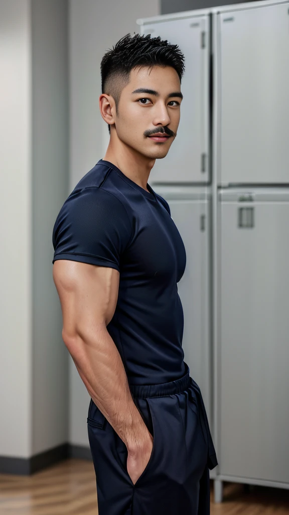 Masterpiece, best quality, high resolution, realistic, handsome, Take beautiful photos, Photo of the 35 year old gym association (The man has a thin mustache.) ,Full body, Portrait, Standing in the locker room, make military media, weight, Amazing , Buzzcut short hair,stubble head , (Hyper Muscle),looking at the audience, Flirt with the camera, charming, (Tight navy blue workout shirt. Cargo pants ),(GS-Male:1), 8K,Bokeh,Portrait,look at the viewer,