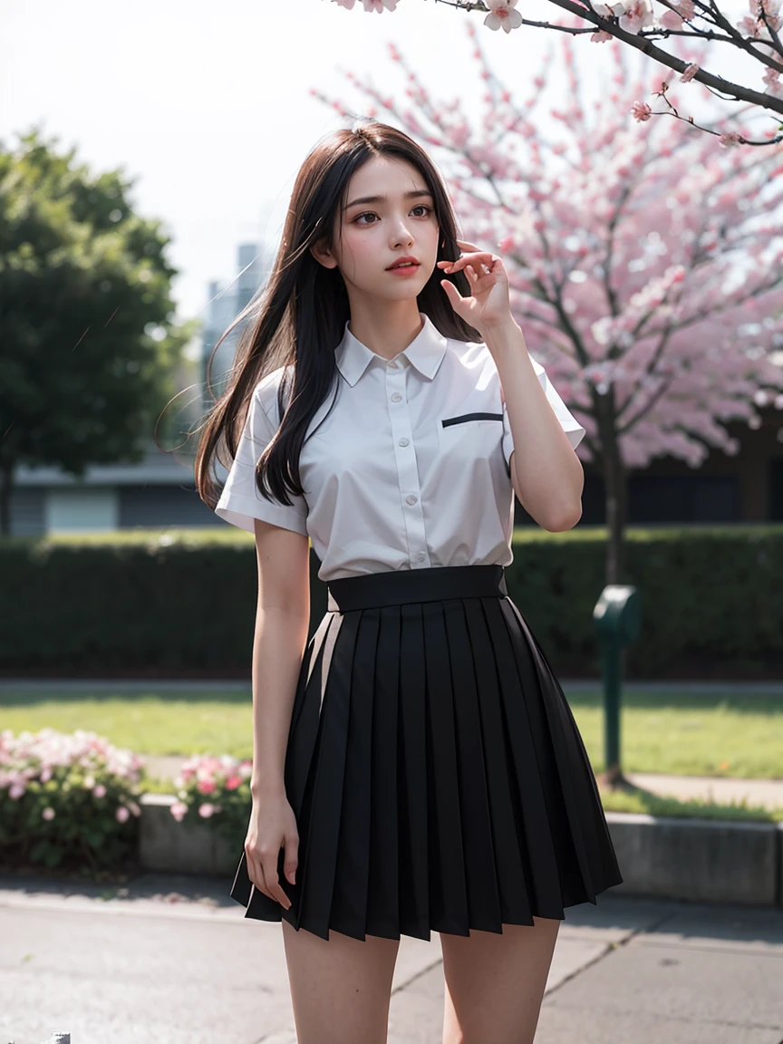 1 woman, black skirt, branch, building, chain-link fence, Cherry Blossom, fence, long hair, outdoors, petal, pleated skirt, rain, shirt, short sleeve, skirt, alone, standing, tree,
sky,street,raw, shoot, (sharp focus:1.5), (realistic:1.4), twilight lights, volumetric lighting, ultra high resolution, 16,000,dramatic lighting,
