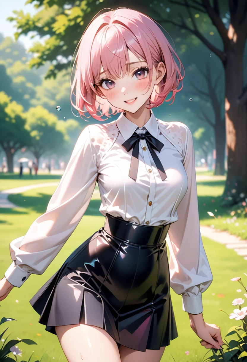 ((Idol singer costumes)), ((miniskirts)), ((Gloss Outfit)), skinny, solo, 1 woman, Masterpiece, highest quality, highest quality, 16K, incredibly absurd, highly detailed, 2.5D, ai-generated, delicate and dynamic, very delicate facial expressions, delicate eye depiction, erotic, only sexy woman, ((A cute and kind face)), healthy figure, ((25-year-old woman)), 160cm tall, medium firm swaying bust, (short hair), (pink hair:1.5), bob cut, black eye, blush, Sweat,Embarrassed,sexy, ((thin thighs)), ((shiny and lustrous)), facing straight at viewer, smile, (standing), cowboy shot, ((arm at side)), Large park, daytime, bright, on the grass, ((Pop colour outfit)), (latex:0.5),