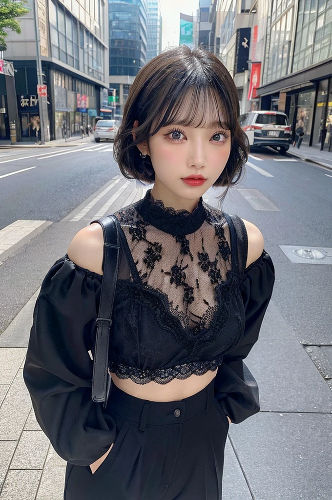(NSFW,Y2K Fashion、Black lace camisole、Low-rise pants、Taira Masashige)、Bob Hair、Beauty、double eyelids、Tear bags、Big, round eyes、Long eyelashes)、highest quality、Harajuku Street