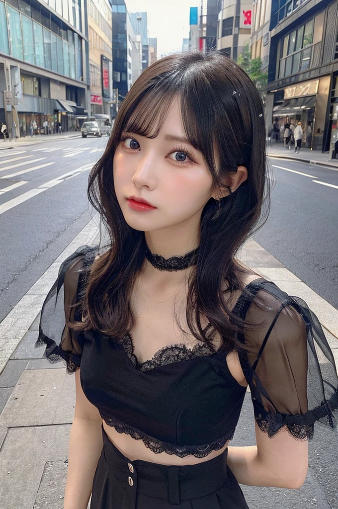 a woman posing on the street corner with light , highest quality, 1people々Girl, Large Breasts, Day, bright, Blur the background, Bokeh, Outdoor, (street:0.8), (people々々, crowd:1), (Lace Trim Dresses:1.5, Sleeveless dress, Bodysuits:1.2, Summer lace top for women, short sleeves, stand-up collar, see-through: 1.5), Nice, (short hair, amount:1.2), Beautifully detailed skies, Earrings, (Dynamic pose:1.2), (Upper Body:0.8), Soft lighting, Wind, Shiny skin, smile, The costumes are、光沢のあるメタリックパープルとブルーのラテックスBodysuitsを披露しています、Bodysuitsは虹色の質感、構造的なショルダーとネイビーブルーのアクセントが施されたネックライン優しいsmile