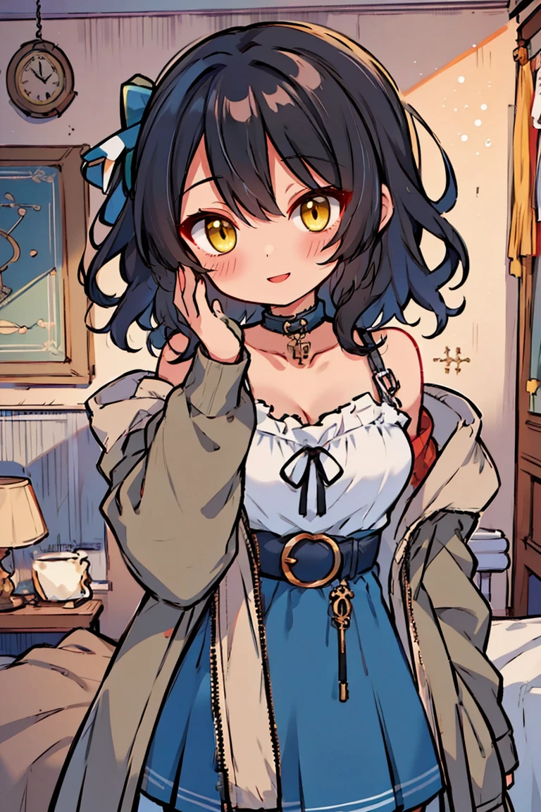 (masterpiece:1.2), (high quality:1.2), (hui xiyi:0.7), rekkyo sensen, rekkyou sensen, girls with((1girl, solo, black hair, yellow eyes, short eyebrow, (wavy medium hair, one side up:1.55), blush, breasts, choker, cleavage, coat, cowboy shot, blue rose dress, navy dress, ribbon waist belt, collar, collarbone, rosary, rosary choker, cross, fur, khaki hoodie, green hoodie, hood down, hooded coat, hooded jacket, hoodie, jacket, large breasts, long hair, long sleeves, medium breasts, open clothes, open coat,open hoodie, sleeveless, winter clothes, zipper, cleavage, upper body, (hand up:1.3), waving, palm)), background with((bedroom, room:2.0))