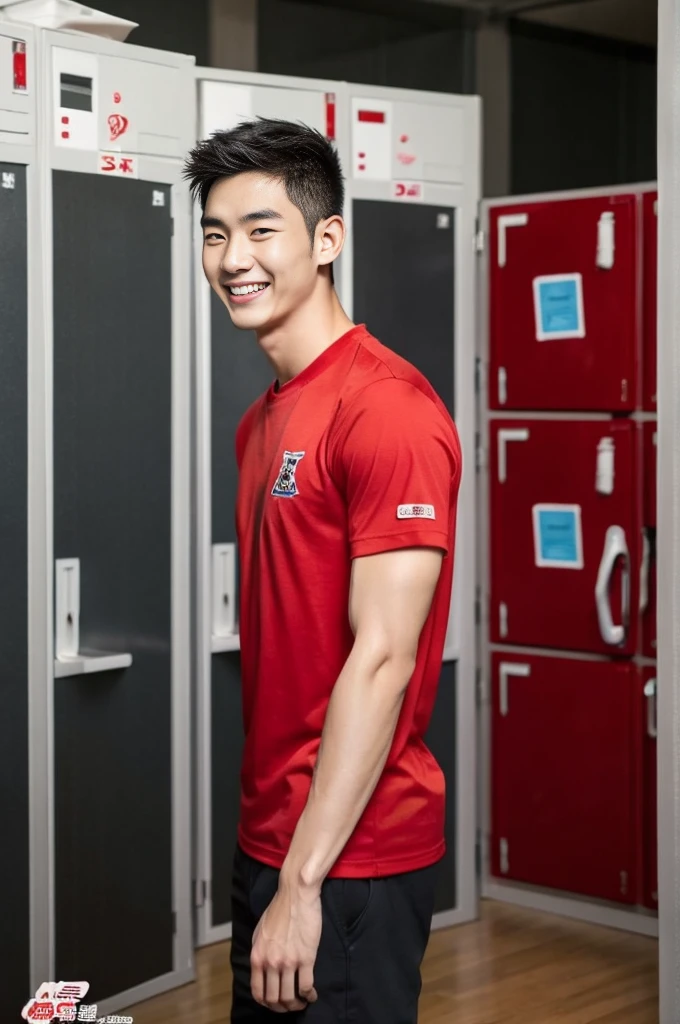 Korean man, Inspiration from Peng Yuyan, 23 years old, Korean muscular man ，The locker room is in the back. red t-shirt, open mouth smile
