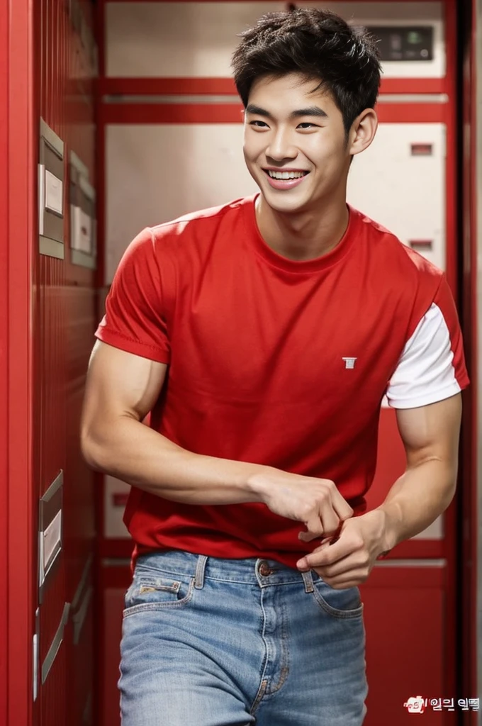 Korean man, Inspiration from Peng Yuyan, 23 years old, Korean muscular man ，The locker room is in the back. red t-shirt, open mouth smile