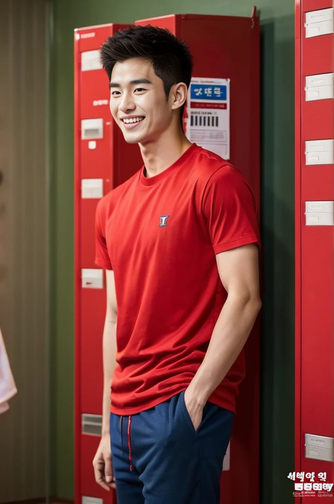 Korean man, Inspiration from Peng Yuyan, 23 years old, Korean muscular man ,The locker room is in the back. red t-shirt, open mouth smile