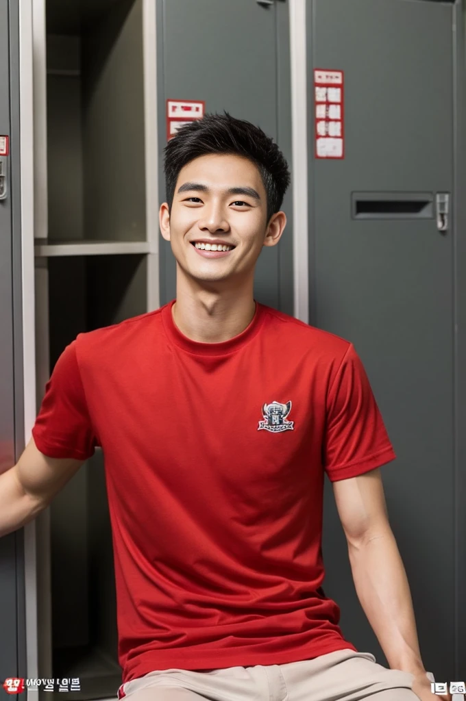 Korean man, Inspiration from Peng Yuyan, 23 years old, Korean muscular man ，The locker room is in the back. red t-shirt, open mouth smile