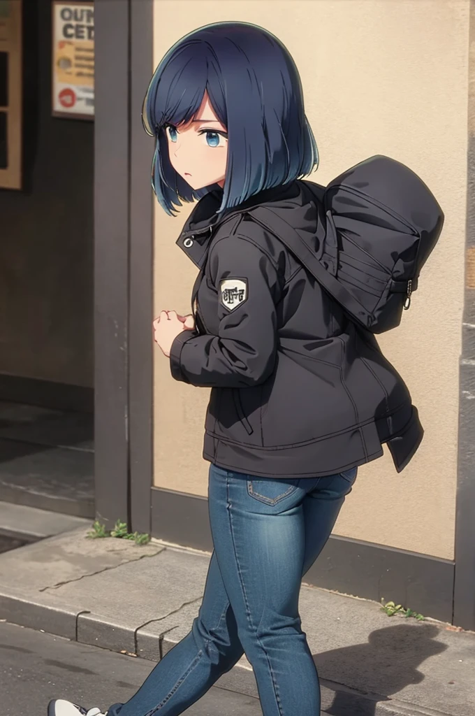 girl, jeans, black puffer jacket, street, ass