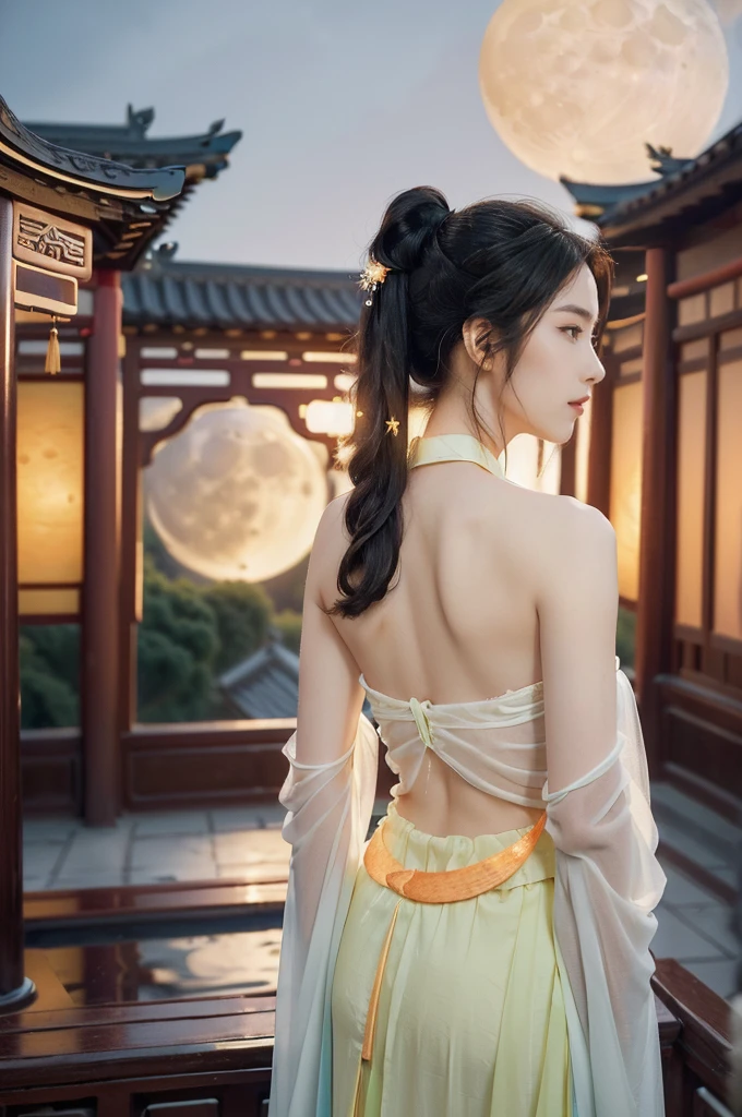 (((best quality))),(((ultra detailed))),(((masterpiece))),illustration,((1 beautiful girl,solo)),(short ponytail:1.2),((bright eyes,gentle smile)),((slim,thin)),((strapless,shoulder off,bare back,towering hips,butt crack)),(white see through sheer Hanfu:1.3),flowing fabric,serene demeanor,vibrant plants and trees,(Chinese-style architecture:1.3),tile roofs,intricate wooden carvings,rich and vivid colors,(serene glow of the moon:1.5),(((colorful clouds))),traditional Chinese garment,(((summer night,village courtyard))),((standing)),(from back:1.3),(upper body:1.3)