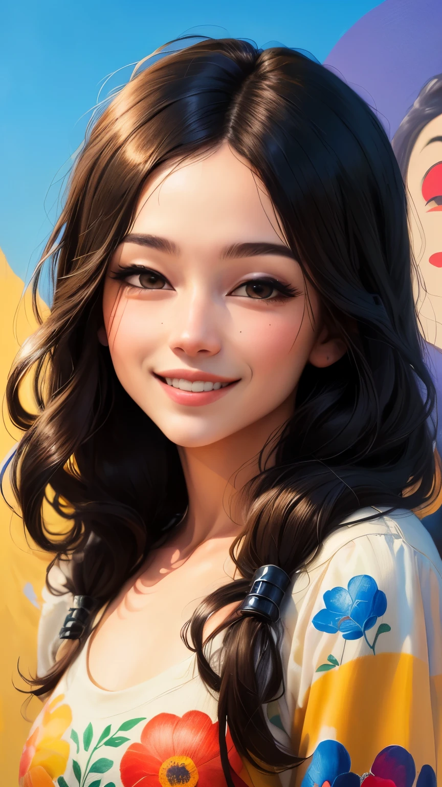 ((best quality)), ((masterpiece)), (detailed), A painting illustration of a long black haired smiling girl with a thought bubble saying "Positive Vibes Only"