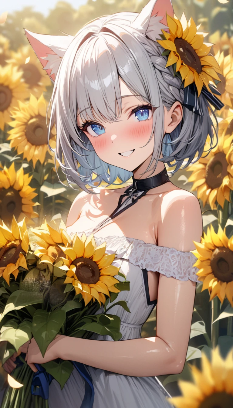 (((best quality)), ((masterpiece)), (details), masterpiece, best quality, high quality, ulutra detailed, perfect face, ((1girl, blue eyes, cat ears: 1.3 silver bob hair: 2.5,)) 、Shiny Hair、Glowing Skin、blush、Lustful look、smile、Off-the-shoulder dress、Flower Hair Ornaments、Petals fluttering、holding a bouquet of sunflowers、Sunflower field background