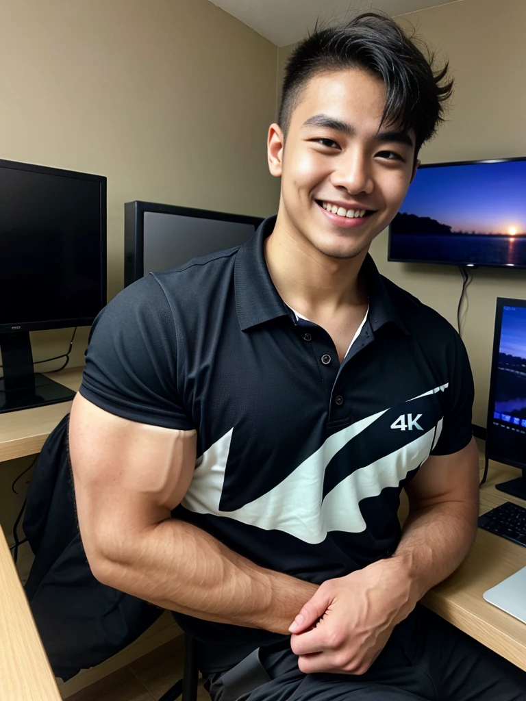 manhandsome สมจริง ธรรมชาติ เหมือนจริง , T-shirt, jeans, black short hair , outdoor , cute smile , หน้าhandsomeแบบเกาหลีสมจริง , muscle , Masterpiece、High resolution、Surreal、detailed face、alone、man、Glowing skin、(Asia)、handsome、(Sitting in the computer room:1.5)