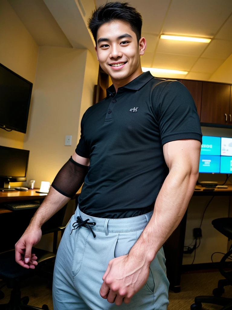 (best quality, 4K, 8K, high resolution, Masterpiece: 1.2), Special details, (realistically, As realistic as a photo, photo realistic: 1.37), Edge lighting, Extra detailed coloring, sharp focus, Physical rendering ,Extremely detailed description,professional,light color,Bokeh,Portrait,look at the viewer,
Young Asian man, 20 years old ,(Wearing a black polo shirt.), smile ,Computer room