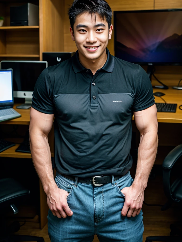 A young Asian man stands, handsome, muscular, looking at the camera. In a simple navy blue T-shirt., In the computer room