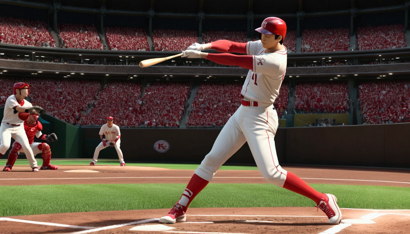 1boy, Shohei Ohtani, baseball player, batting stance, hitting home run, cinematic angle, detailed facial features, realistic, hyper-realistic, photorealistic, (best quality,4k,8k,highres,masterpiece:1.2),ultra-detailed,(realistic,photorealistic,photo-realistic:1.37),studio lighting,vivid colors,dramatic lighting