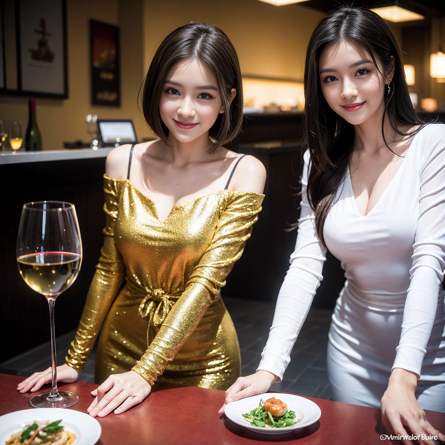 ((Highest quality、8K、masterpiece:1.3))、Shortcuts、cute、slimカップル、modelカップル、actress男優、(Realistic, Intricate details:1.2), full-course dinner、Wine Party、Amazing view of the sunset sky and clouds、A bright smile、short hair,Bright Face、 (Age 45), 42 years old, red wine 、Appetizers、Italian food、Wine bottle、Champagne、sparkling wine、Two beauties、Brown Hair、Shortcuts、Long sleeve shirt、dress、Beautiful woman 1, (slimな顔), (The body is slim), (Brown Hair), (Shortcuts), cheeks turn a little red,Attractive beauty、restaurant, In a prominent place (From the waist up) Nova Frog Style, actress, model, Upper Body, White wine, slim, wine glass, 中央に置かれたwine glass, smile, (smile: 1.15), Beautiful fine grain, Depth f/2,saturation, High Contrast, Strong light and shadow,Moist Body:1.5、3D texture、Delicate eyes、Brown Hair、The hair is very shiny、