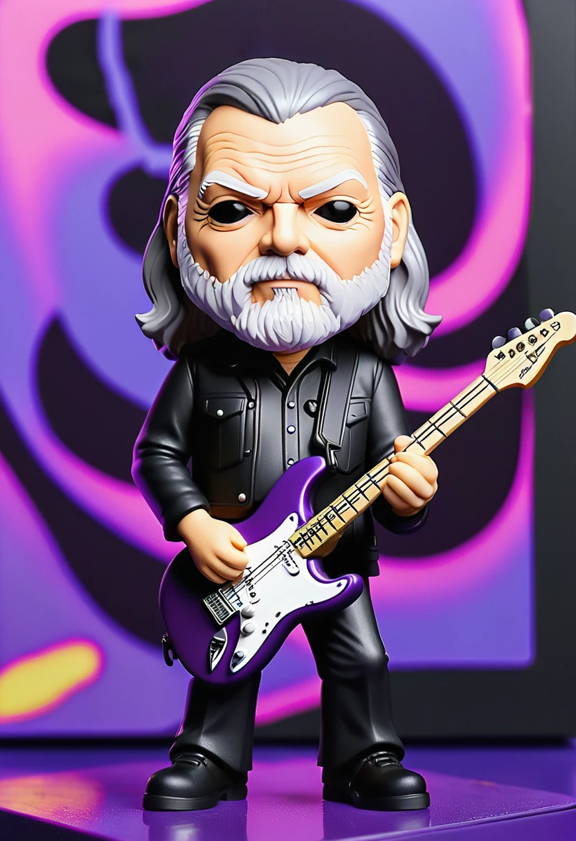 David Gilmour with white beard from Pink Floyd with The Black Strat Funko Pop with purple neon background, wearing all black.