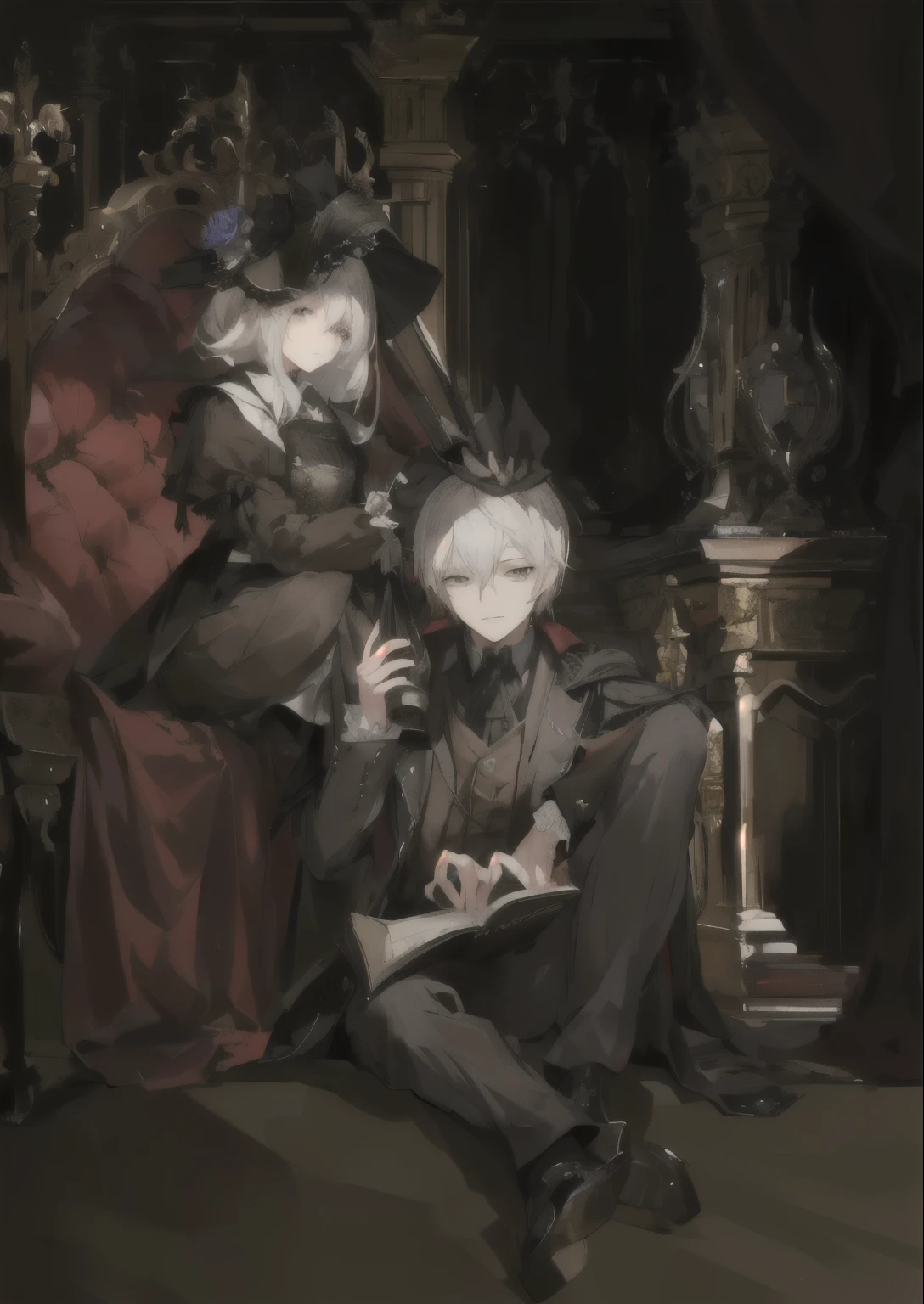 There is a painting,A man and a woman sitting on the bed, Bloodborne style, Zelokan art, Bloodborne Art, author:Yukika Kosaka, High-quality fanart, In their noble mansion, Crimson and vermilion, Zelokan, prussia, Detailed fan art, Wojciech Weiss (Wojciech Weiss) of inspiration, By Ei-Q, 2 b, 2b