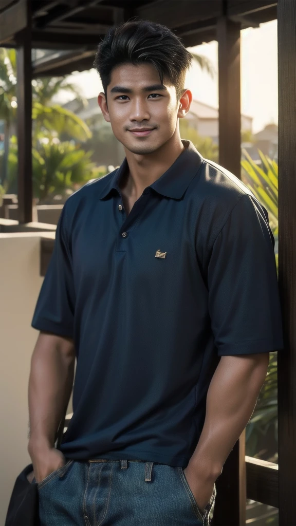Natural light, realistic, Thai man, ทรงผมสั้น buzz cut, Handsome, muscular, big muscles, Broad shoulders, model, Wearing a dark blue polo shirt and jeans, he stood and smiled. , outdoor outside