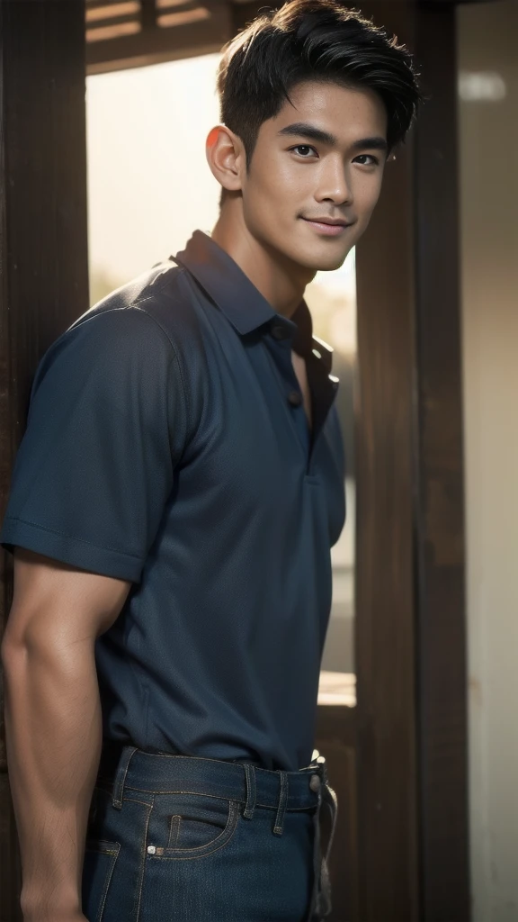 Natural light, realistic, Thai man, ทรงผมสั้น buzz cut, Handsome, muscular, big muscles, Broad shoulders, model, Wearing a dark blue polo shirt and jeans, he stood and smiled. , outdoor outside