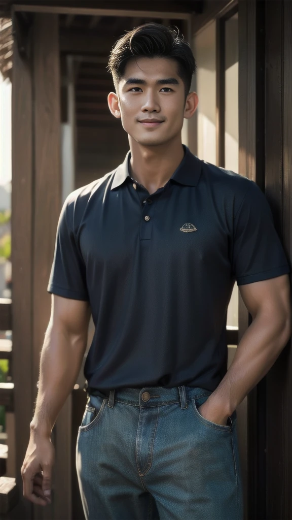 Natural light, realistic, Thai man, ทรงผมสั้น buzz cut, Handsome, muscular, big muscles, Broad shoulders, model, Wearing a dark blue polo shirt and jeans, he stood and smiled. , outdoor outside