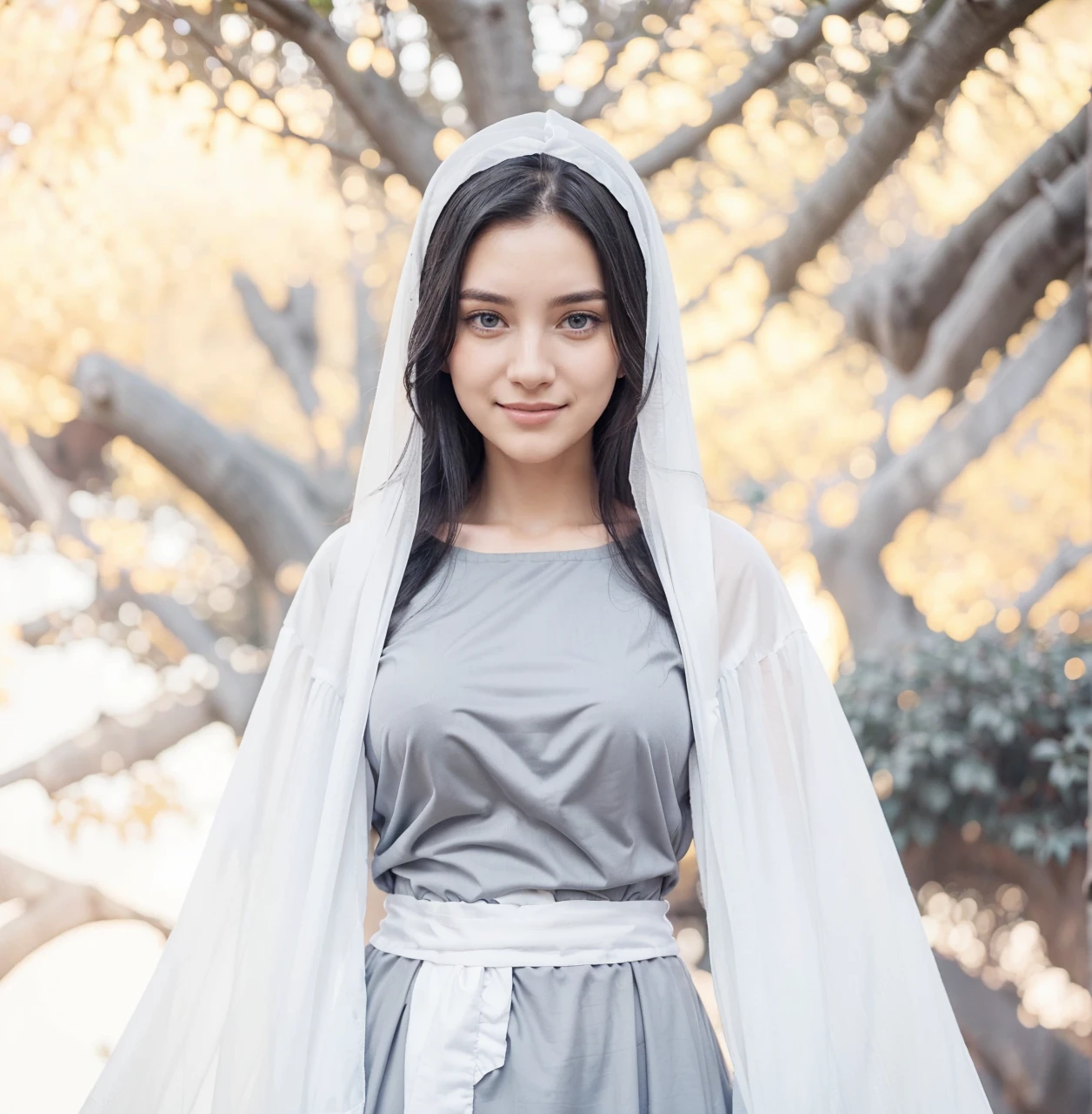 young woman, 25 years old, blue-gray eyes, long black hair, serene and happy face, gray dress with wide, long sleeves adjusted at the waist by an intertwined white sash.