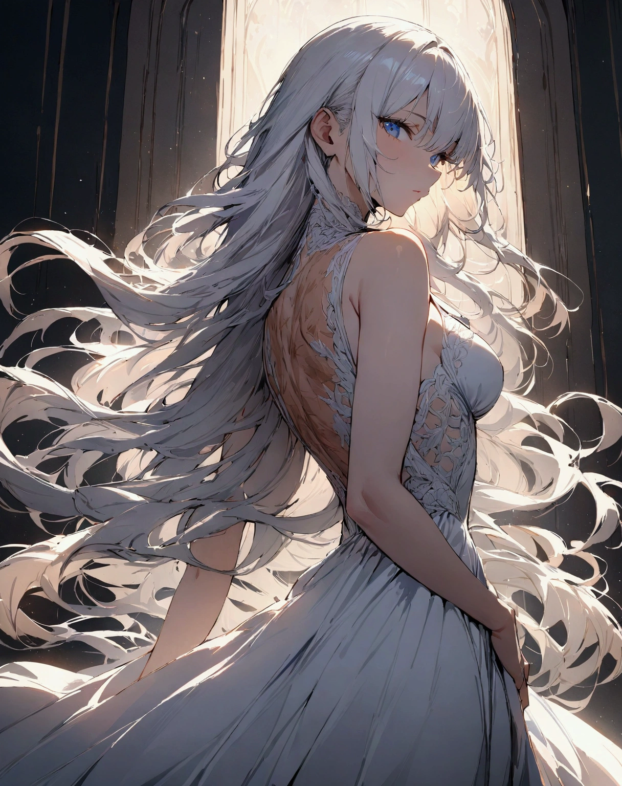 ((masterpiece)), ((best quality)), (from side1.32), (half-body shot:1.36), perfect anatomy, 1girl, solo, short white hair, flowing hair, shining blue eyes, scars around body, white dress, dramatic lighting, looking at viewers