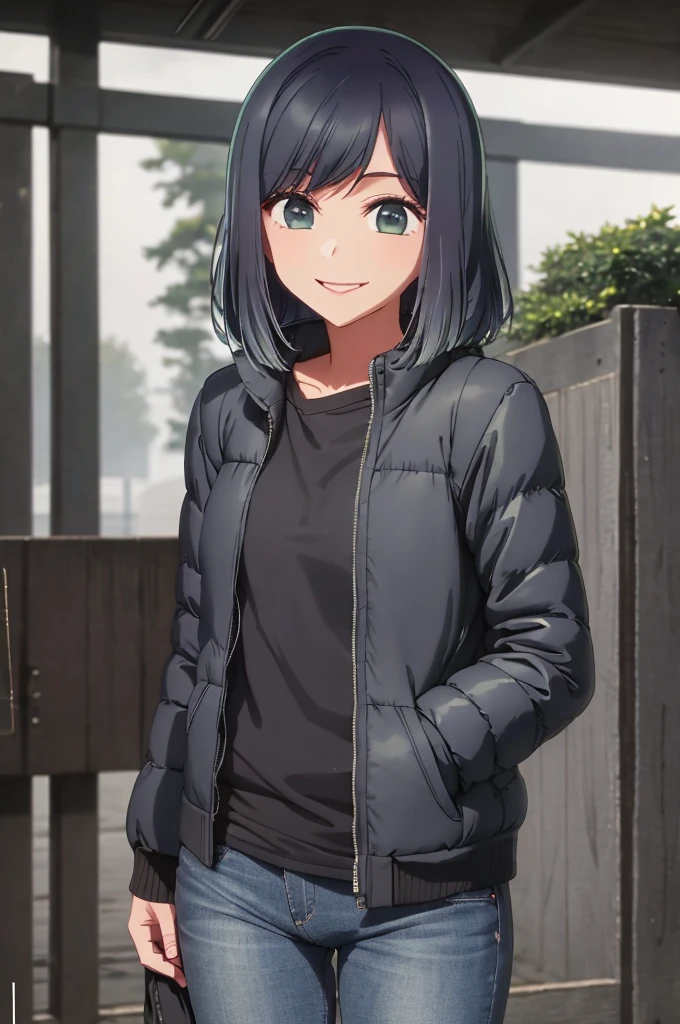 girl, jeans, black puffer jacket, foggy, street, smile, rain
