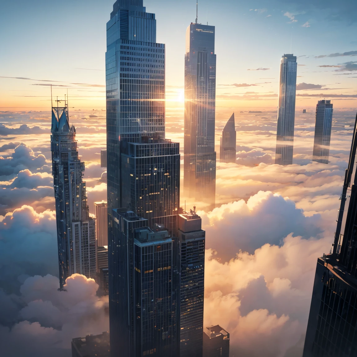 Between the buildings, Skyscraper sunrise, (Ultra-high resolution,8K),Fantasy, The world of picture books, (Highest quality), Super detailed, Outstanding Image, (Photorealistic), The fog rolls in