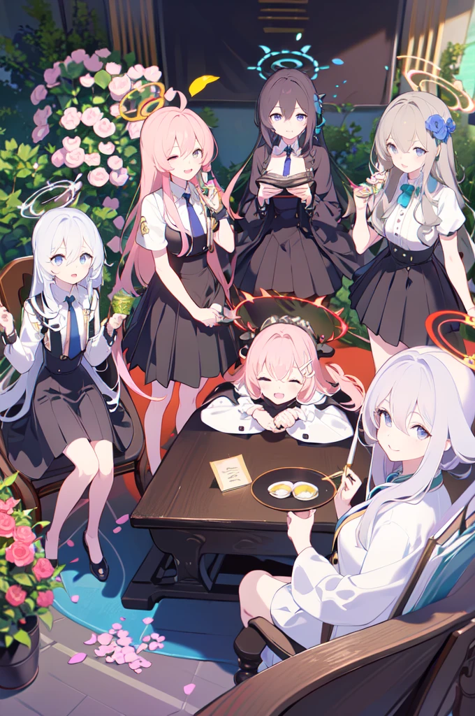 -multiple girls, halo, long hair, azusa (blue archive), lying, 5girls, hair ornament, blue eyes, hair flower, flower, black hair, dress, on back, shiroko (blue archive), purple eyes, animal ears, plant, aris (blue archive), white hair, potted plant, hina (blue archive), skirt, closed eyes, bangs, hair between eyes, grey hair, official alternate costume, alternate costume, holding, red hair, pink hair, wings, horns, looking at viewer, shirt,blue archive,