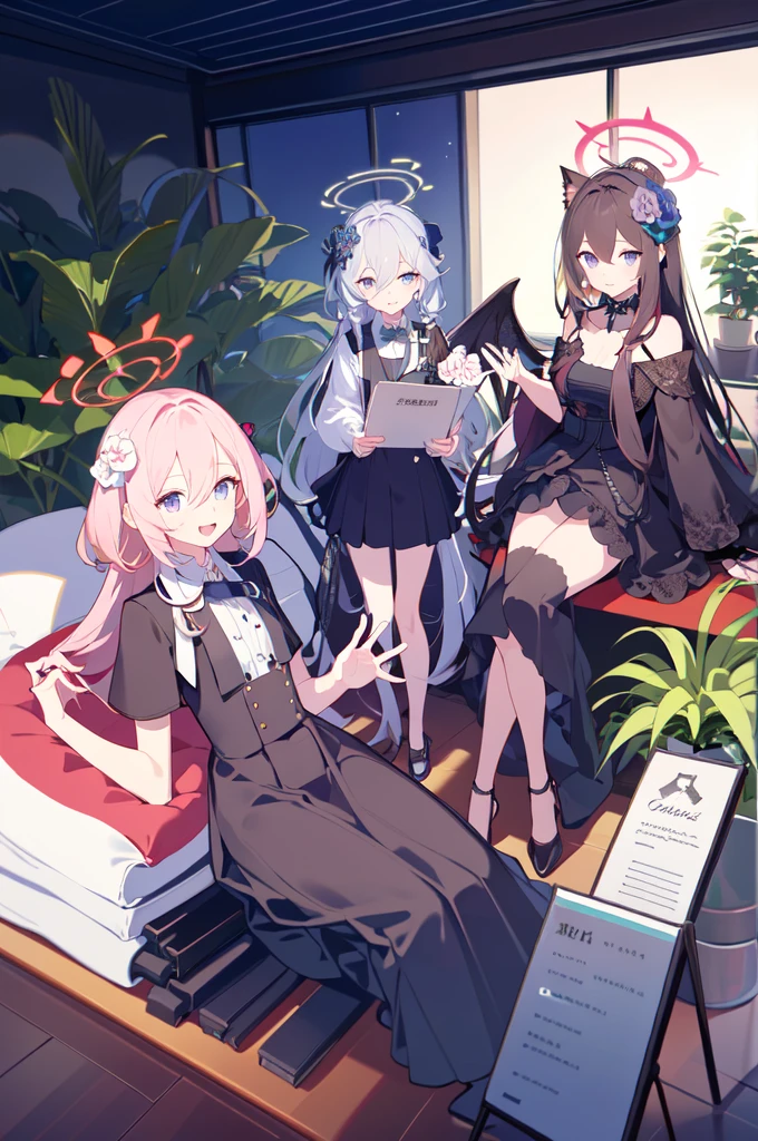 -multiple girls, halo, long hair, azusa (blue archive), lying, 5girls, hair ornament, blue eyes, hair flower, flower, black hair, dress, on back, shiroko (blue archive), purple eyes, animal ears, plant, aris (blue archive), white hair, potted plant, hina (blue archive), skirt, closed eyes, bangs, hair between eyes, grey hair, official alternate costume, alternate costume, holding, red hair, pink hair, wings, horns, looking at viewer, shirt,blue archive,