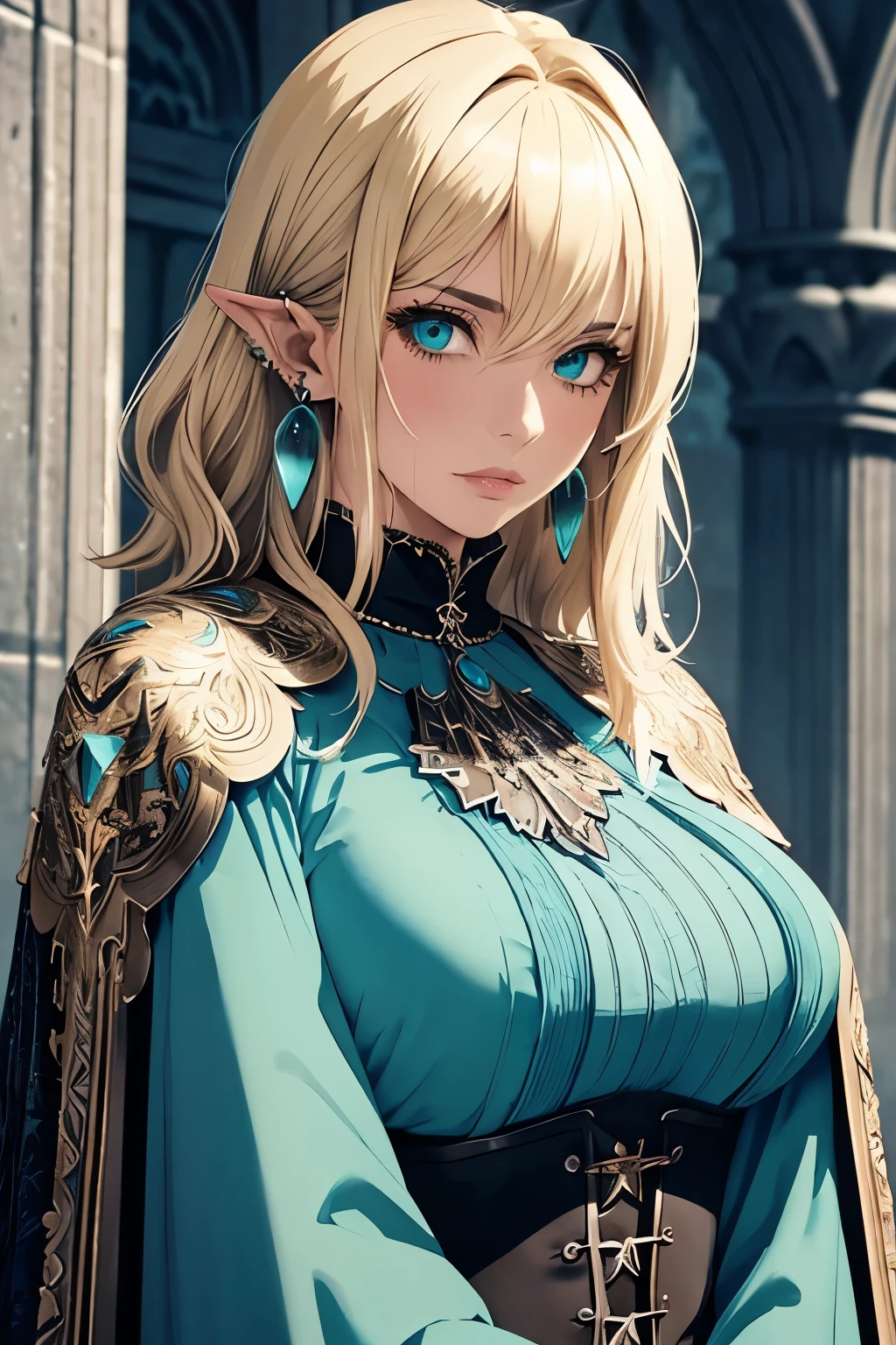 masterpiece, best quality, 1woman adult, older milf, solo, blonde hair, vibrant aqua eyes, medium hair with fringe, looking at viewer, cape, High quality metal texture, closed mouth, full body view, bangs, high collar,(kbxll:0.6), Fantasy aesthetics, fantasy earring, Highly detailed, thicc body, pointy ears, gothic