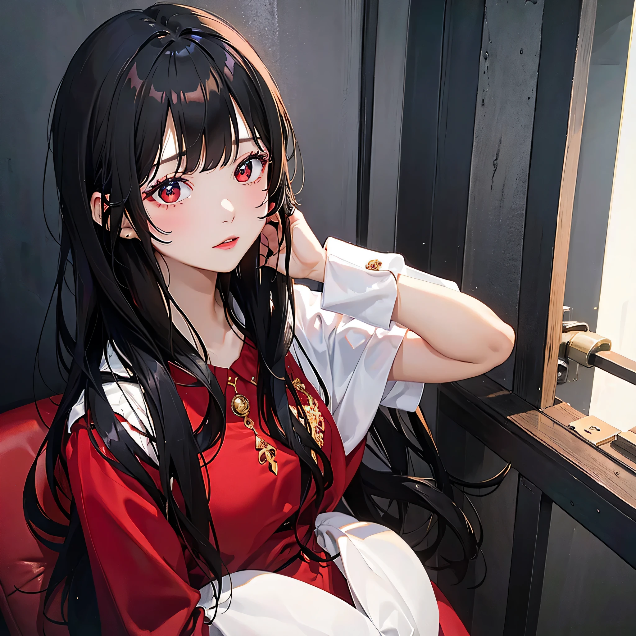 Black hair girl, red dress , masterpiece