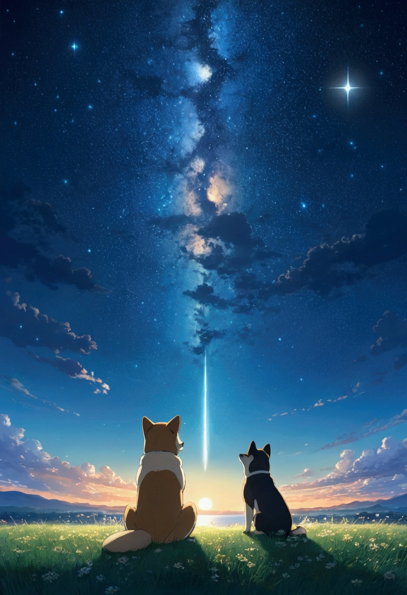 Makoto Shinkai Taste, Starry Sky, １Shiba Inu puppies, Healing scenes, hope,god々Beautiful scenery,shooting star, moon,