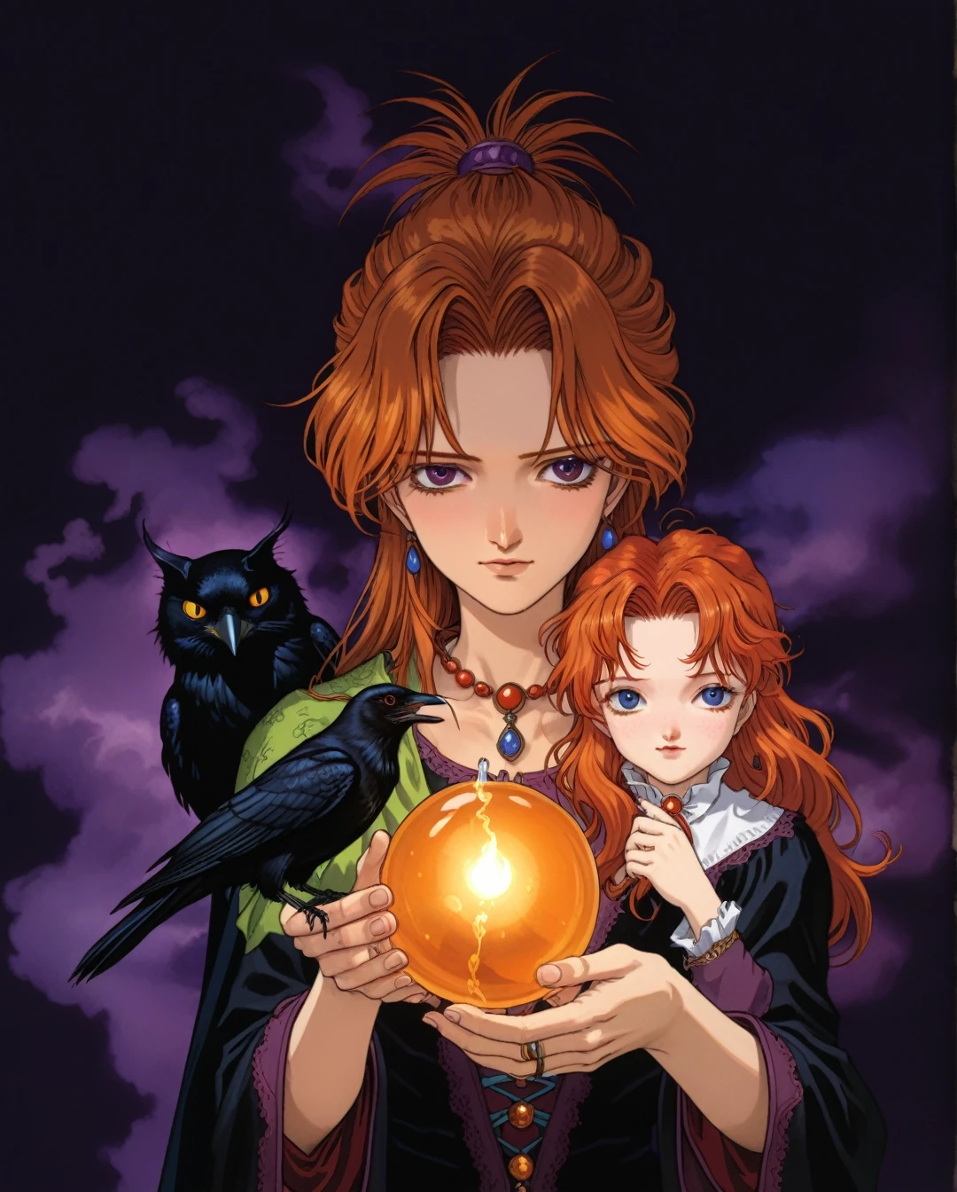 Art style by Akihiro Yamada, Art style by Suehiro Maruo, Art style by Ayami Kojima, (Masterpiece, Top Quality, Super Detail, High Resolution, Best Illustration), Create a captivating HD caricature featuring a scene with a crow, a glowing potion, and a mischievous ginger cat. At the center of the illustration, depict a witcher and a witch with a long, exaggerated nose, both engrossed in brewing a magical concoction.The atmosphere should be dark and mysterious, with the potion casting an eerie glow that illuminates the characters and their surroundings. Use rich, detailed textures and vibrant colors to bring each element to life. Focus on capturing the whimsical and fantastical essence of the scene, creating a visually striking masterpiece that combines humor, magic, and dark enchantment.