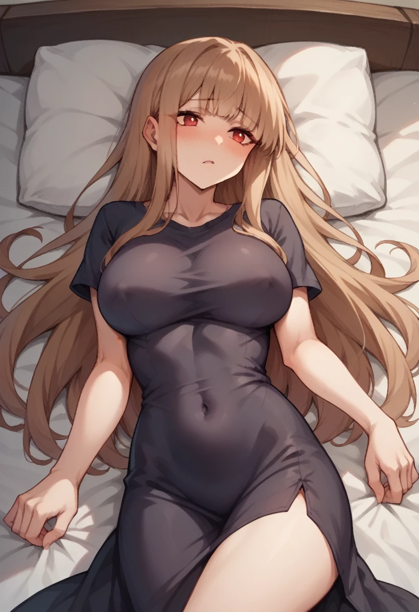 ((masterpiece)), (Highest quality), (detailed), (1 Girl),,Red eyes,Light brown hair、Long Hair、Wolf Ear、,bed、Large Breasts、blush、T-Shirts(tight)Maxi Dresses