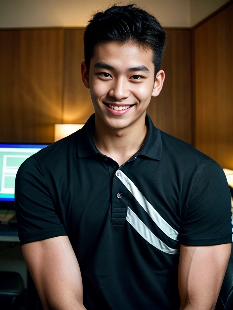 (best quality, 4K, 8k, high resolution, Masterpiece: 1.2), Special details, (realistically, As realistic as a photo, photo realistic: 1.37), Edge lighting, Extra detailed coloring, sharp focus, Physical rendering ,Extremely detailed description,professional,light color,Bokeh,Portrait,look at the viewer,
Young Asian man, 20 years old ,(Wearing a black polo shirt.), smile ,Computer room