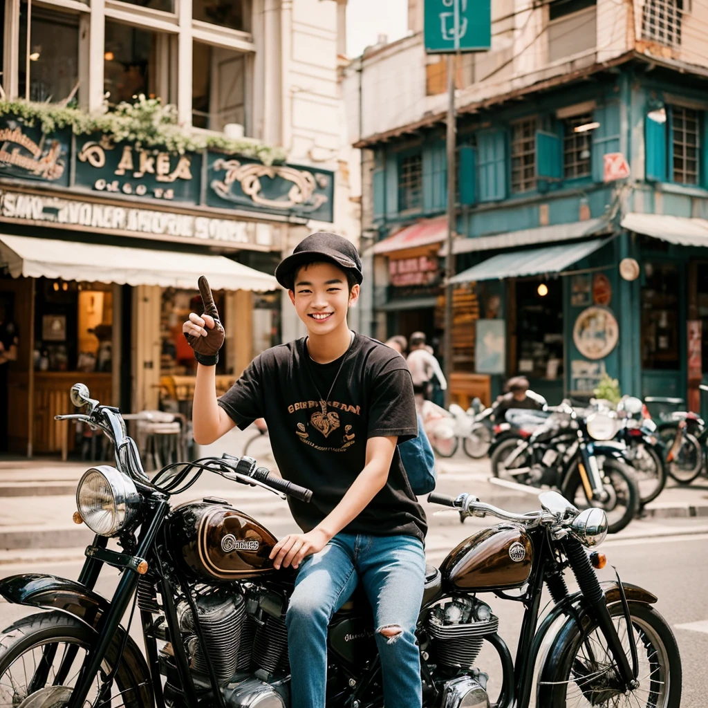 Charming photo of an Asian teenage man, stylishly dressed in vintage clothes, posing on a chopper motorcycle. wearing a black T-shirt with the "KBE OFFICIAL" logo, ripped jeans, gloves and brown safety boots. The man stood beside the bike, waving to the camera with a big smile facing the camera. The background features an ancient café building, creating an inviting and nostalgic atmosphere., photo