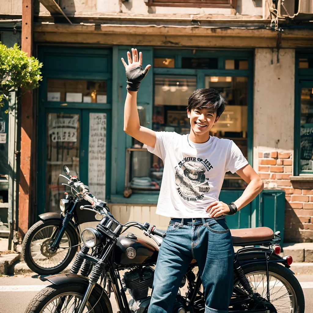 Charming photo of an Asian teenage man, stylishly dressed in vintage clothes, posing on a chopper motorcycle. wearing a black T-shirt with the "KBE OFFICIAL" logo, ripped jeans, gloves and brown safety boots. The man stood beside the bike, waving to the camera with a big smile facing the camera. The background features an ancient café building, creating an inviting and nostalgic atmosphere., photo
