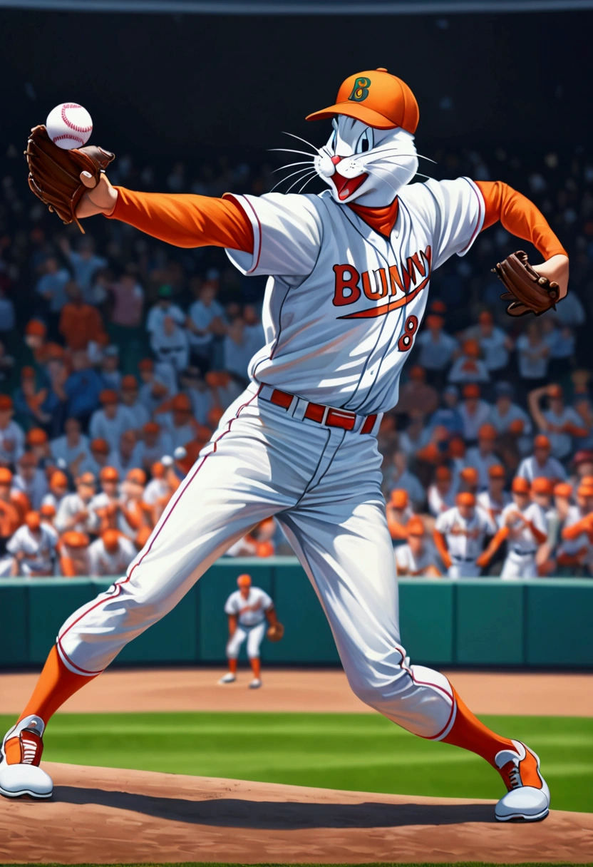 a scratch oil painting of Bugs Bunny(scratch:0.6) as a baseball player, play as pitcher, curved ball, throwing, iconic pitching stance, wink, vivid color, perfect style, perfect mix color, super detailed, best quality wallpaper, 8k, absurdity, expressive realism, perfect lightness