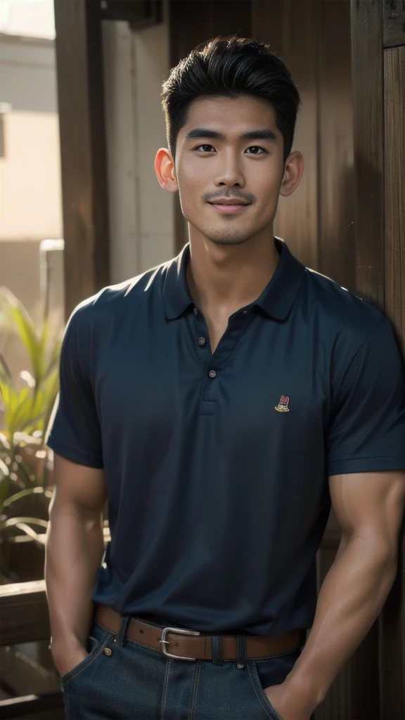 Natural light, realistic, Thai man, ทรงผมสั้น buzz cut, Handsome, muscular, big muscles, Broad shoulders, model,  Wear a tight polo shirt. dark blue jeans standing smiling , outdoor outside