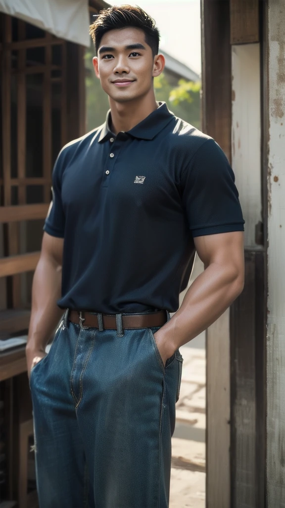 A male police officer in his 20s poses for a group photo., Wear a navy blue polo shirt., high resolution, Masterpiece, best quality, head:1.3,, Smooth and fine skin, clear focus, (movie light), during the night, gentle light, Dynamic angle, (detailed face:1.2), (((exercise))), sport, His arm muscles were very big., hand in crotch, in his bedroom ,natural and delicate,