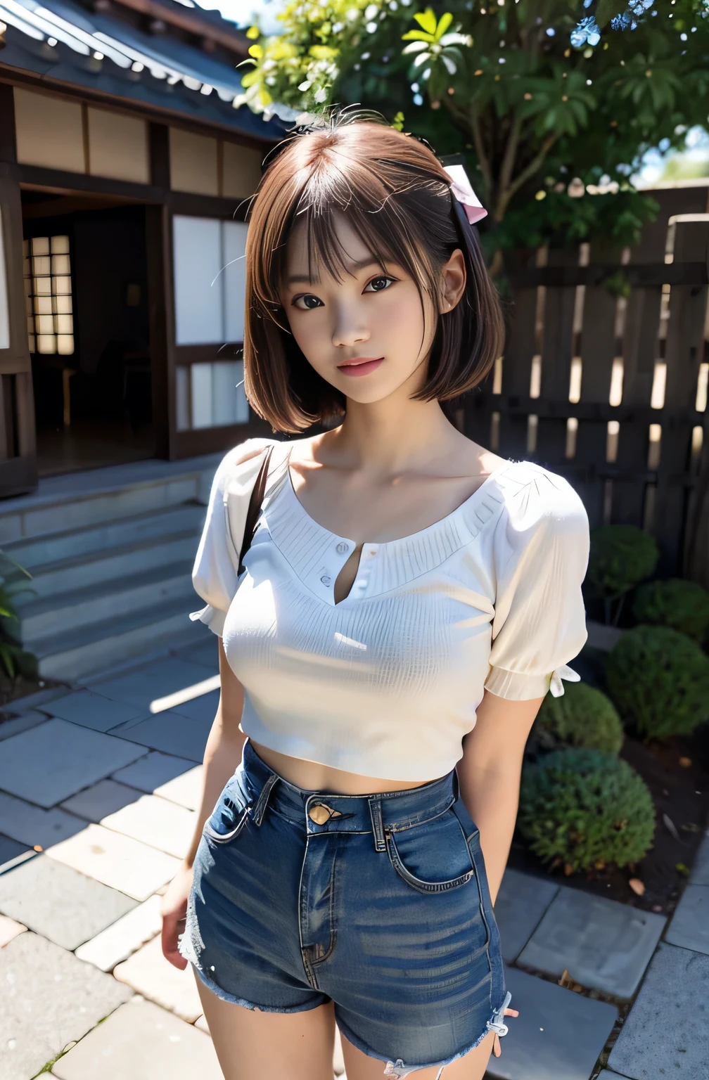 the Extremely Detailed CG Unity 8K Wallpapers、top-quality、ultra-detailliert、masterpiece、realisitic、Photo Real、Very detailed cute lady、20yr old、((skirt lift by yourself)))、(Lifted by yourself)、White lace panties、panties focus、red blush、cparted lips、looking at the viewers、Semi-body shot、(Large crowds)、(Crowded museums)、Short bob cut、Facing the front、Beautiful skins