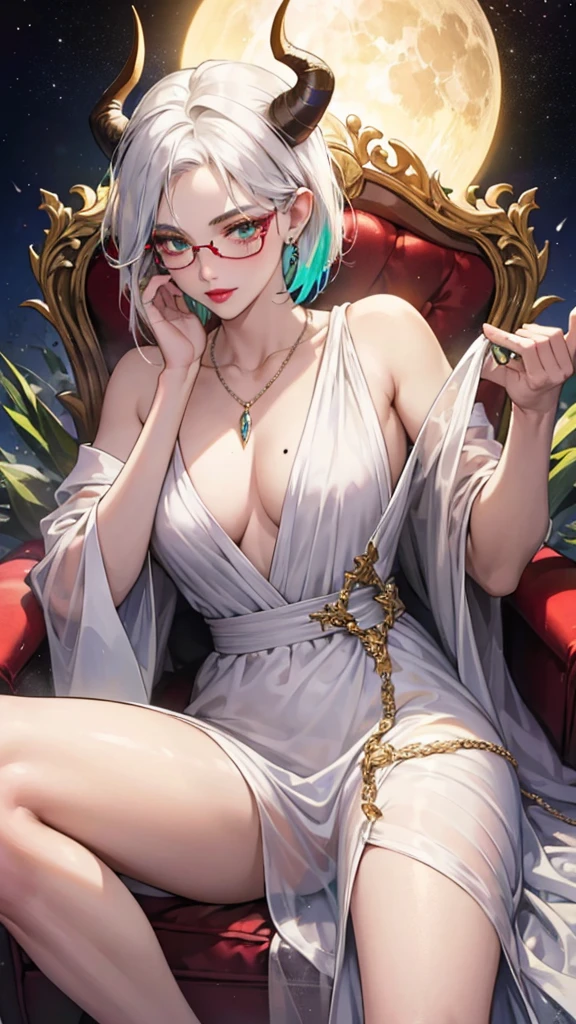 8k, masterpiece, best quality, highly detailed, 1 girl, tiefling, warlock, multicolored hair, very short straight hair green highlight hair on white hair, strippled hair, wearing glasses, round glasses, earrings, red eyeshadow, long eyelashes, blushed cheek, red lips, necklace, rings, collarbone, mole, glamorous, white and gold clothing, smirk, fullbody view, rings, looking at viewer, demon horns, solo, royal dress, palace, blue pale moon, sitting on throne, tattoo, halo, celestial, radiance, elegant dress, divine.