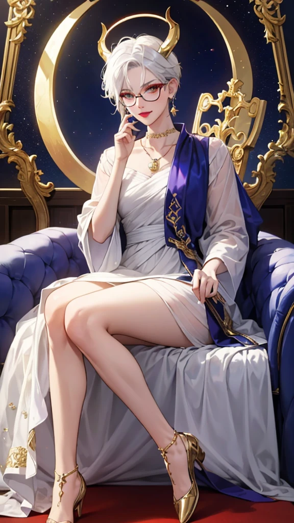 8k, masterpiece, best quality, highly detailed, 1 girl, tiefling, warlock, multicolored hair, very short straight hair green highlight hair on white hair, strippled hair, wearing glasses, round glasses, earrings, red eyeshadow, long eyelashes, blushed cheek, red lips, necklace, rings, collarbone, mole, glamorous, white and gold clothing, smirk, fullbody view, rings, looking at viewer, demon horns, solo, royal dress, palace, blue pale moon, sitting on throne, tattoo, halo, celestial, radiance, elegant dress, divine. 