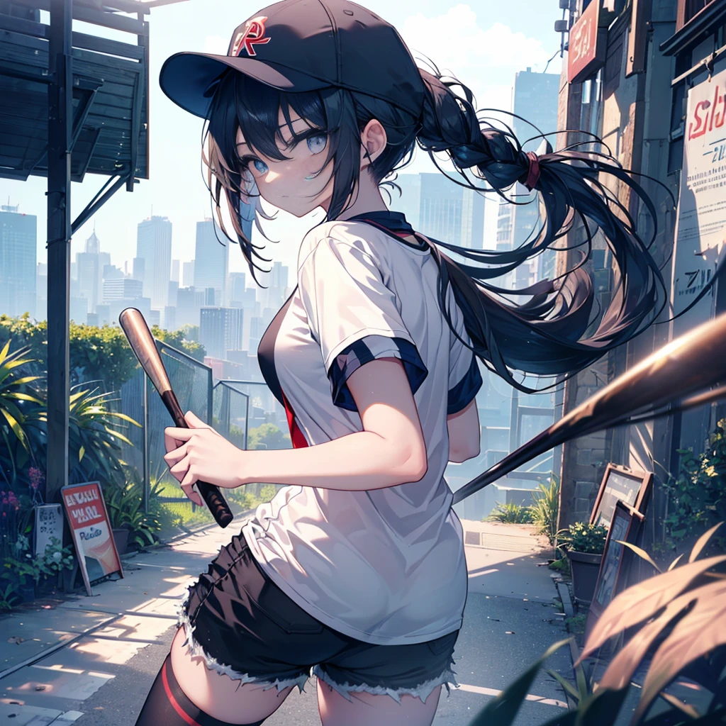 Highest quality、High resolution、Detailed Background、Beautiful Face、High detail、(Perfect Anatomy, Perfect Style)、(Detailed facial expressions)、(fine grain:1.2)、 Beauty、(aerial view:1.2, wide shoot:1.2, whole body:1.2), One Girl、Cute black hair、Deep blue eyes、Braided Ponytail, Braided bob cut, Early morning baseball field, Holding a metal baseball bat:1.2, ((shoot from behind:1.2, avert your eyes:1.2)), (Baseball cap、T-Shirts、Shorts, socks、spike)、(Large Breasts:1.2, Pointed Chest:1.2, High chest:1.2), ((run away from viewer:1.2)),