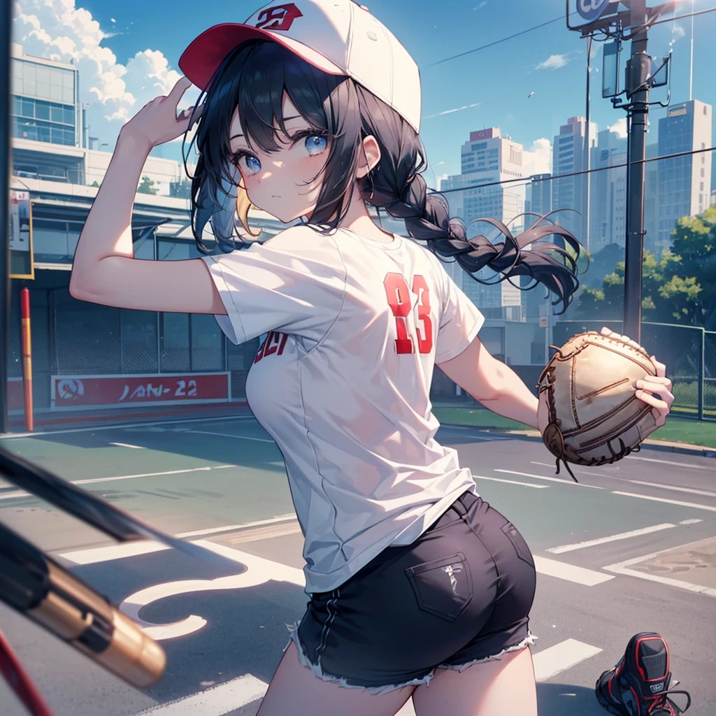 Highest quality、High resolution、Detailed Background、Beautiful Face、High detail、(Perfect Anatomy, Perfect Style)、(Detailed facial expressions)、(fine grain:1.2)、age Beauty、(aerial view:1.2, wide shoot:1.2, whole body:1.2), One Girl、Cute black hair、Deep blue eyes、Braided Ponytail, Braided bob cut, Early morning baseball field, Holding a metal baseball bat:1.2, ((shoot from behind:1.2, avert your eyes:1.2)), (Baseball cap、T-Shirts、Shorts, socks、spike)、(Large Breasts:1.2, Pointed Chest:1.2, High chest:1.2), ((run away from viewer:1.2)),