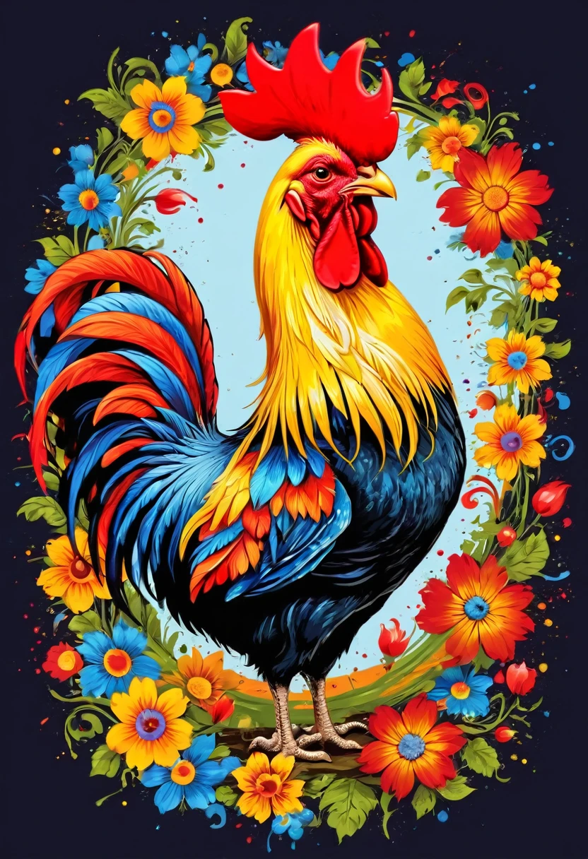 circular vector art with flowers, colorful barcelos rooster illustration in the center, paint splashes and stains, high detail, t-shirt designs (art work, best quality, professional, perfect composition, very aesthetic, absurd, super detailed, intricate details: 1.3