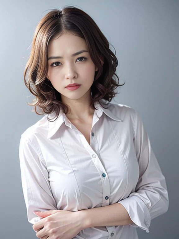 Gray background、pubic hair、Large Breasts、Thighs、Red lipstick、(((Glaring)))、Curly Hair、Disheveled Hair、Cute woman、high school girl、White shirt、Navy frill mile、Open chest shirt